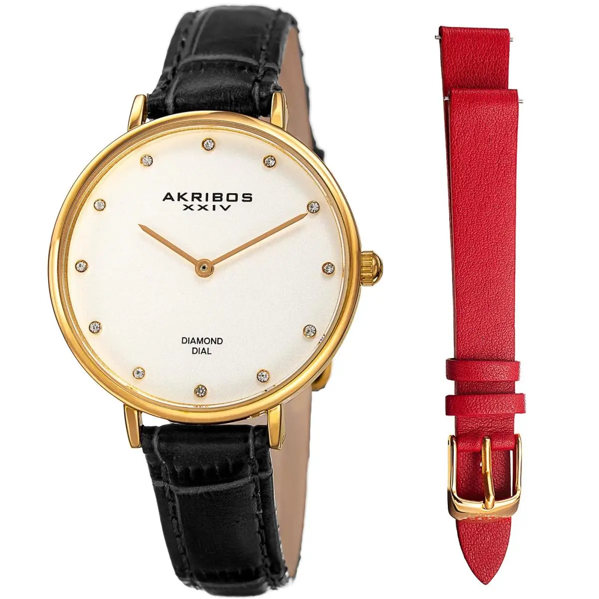 Women`s Akribos Xxiv AK933YG-BX Diamond Silver Dial Leather Strap Watch by Akribos XXIV