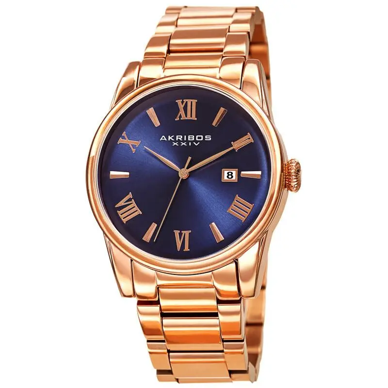 Men Akribos Xxiv AK1056RGBU Quartz Blue Curved Edge Vintage Dial Bracelet Watch