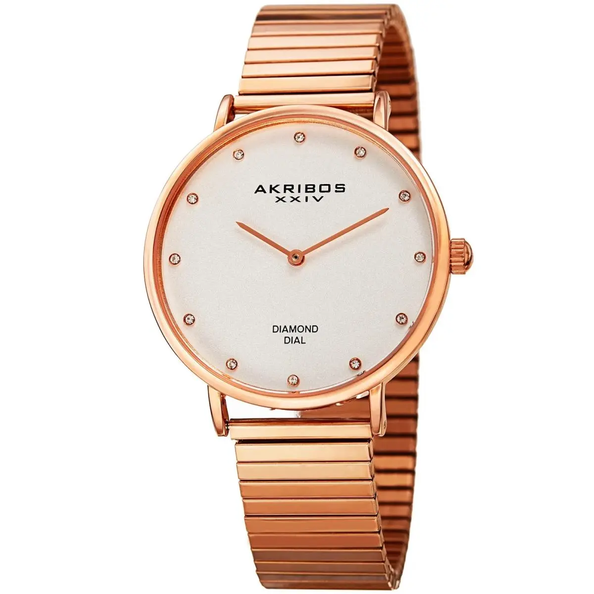 Women`s Akribos Xxiv AK927RG Rose Gold Silver Dial Band Diamond Marker Watch