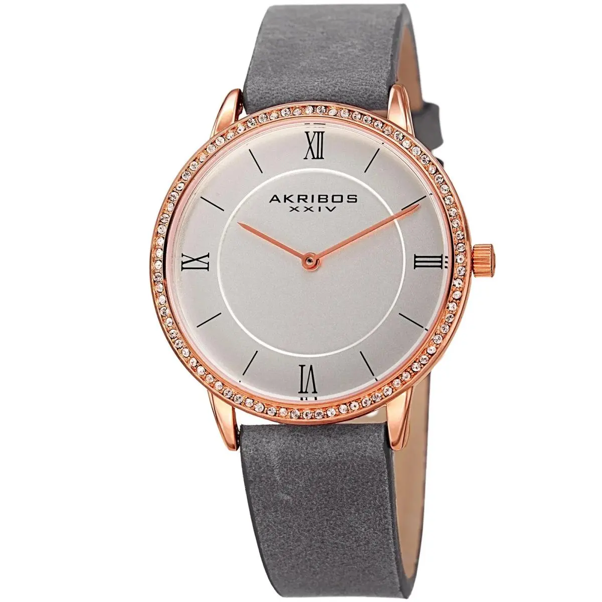 Women`s Akribos Xxiv AK924GY Gray Strap Silver Dial with Rose Gold Leather Watch