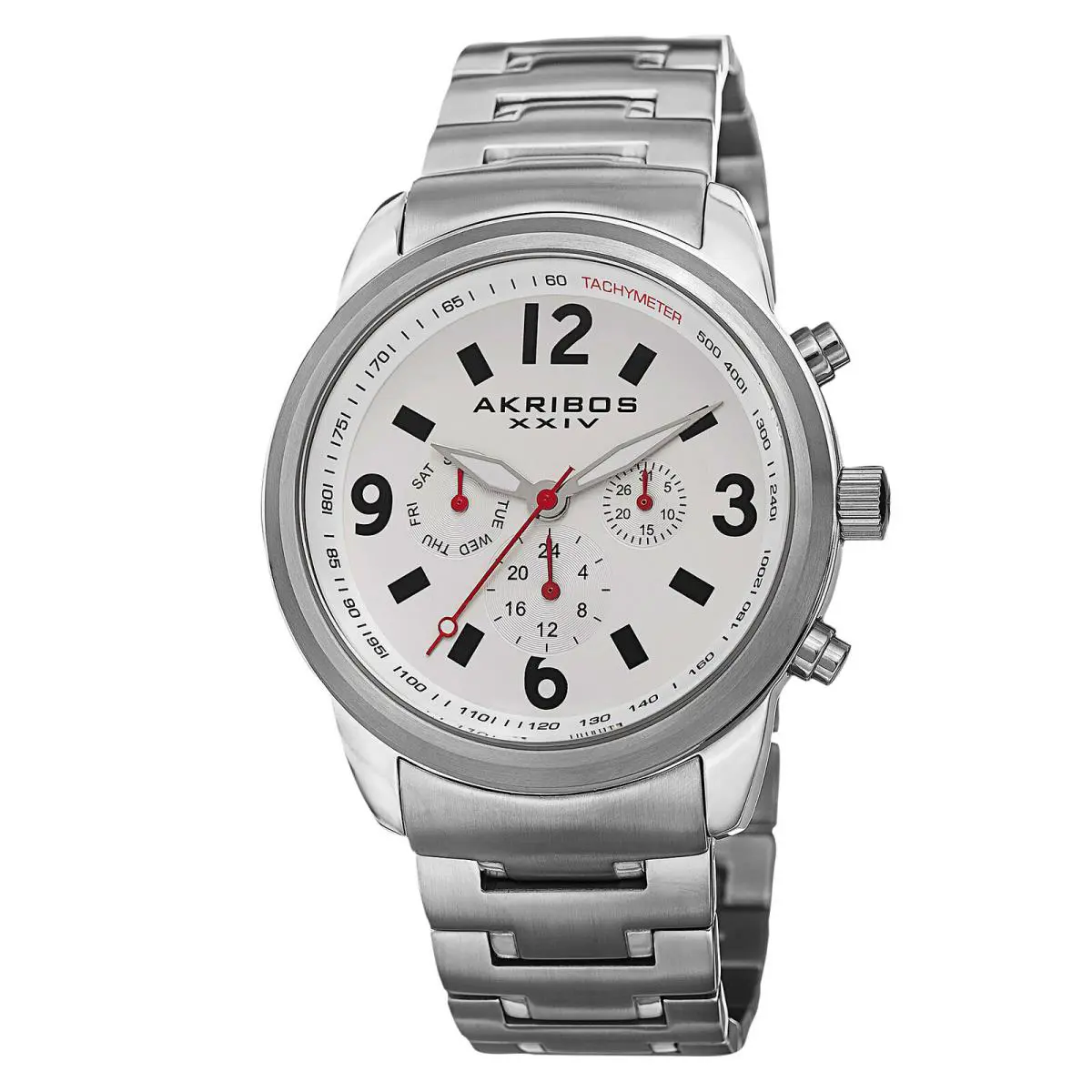 Men`s Akribos Xxiv AK783SSW Swiss Tachymeter White Dial Stainless Steel Watch