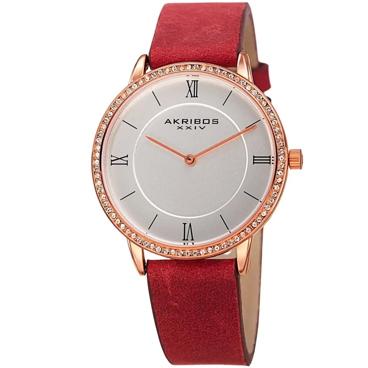 Women`s Akribos Xxiv AK924RD Swarovski Crystal Red Leather Strap Watch