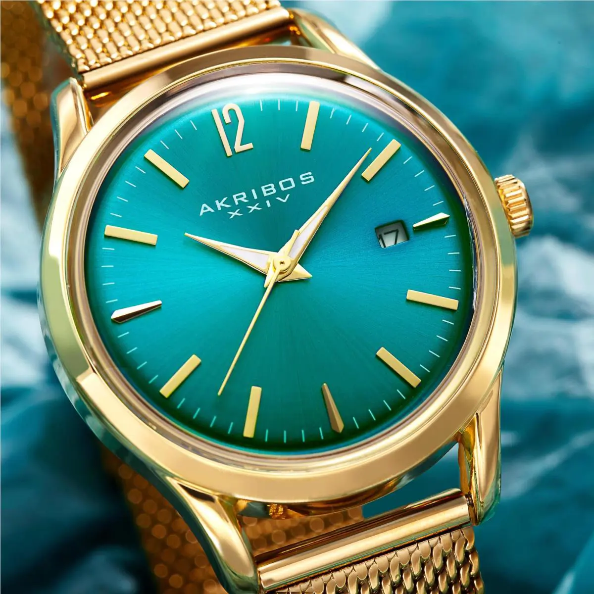 Women`s Akribos Xxiv AK930TQ Turquoise Dial Yellow Gold Mesh Style Date Watch