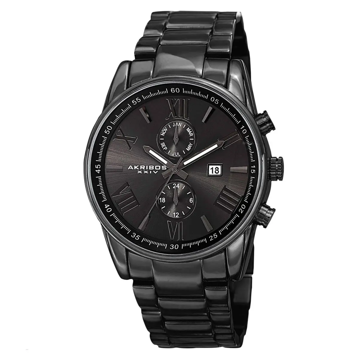 Men`s Akribos Xxiv AK812BK Swiss Dual Time All Black Stainless Steel Watch