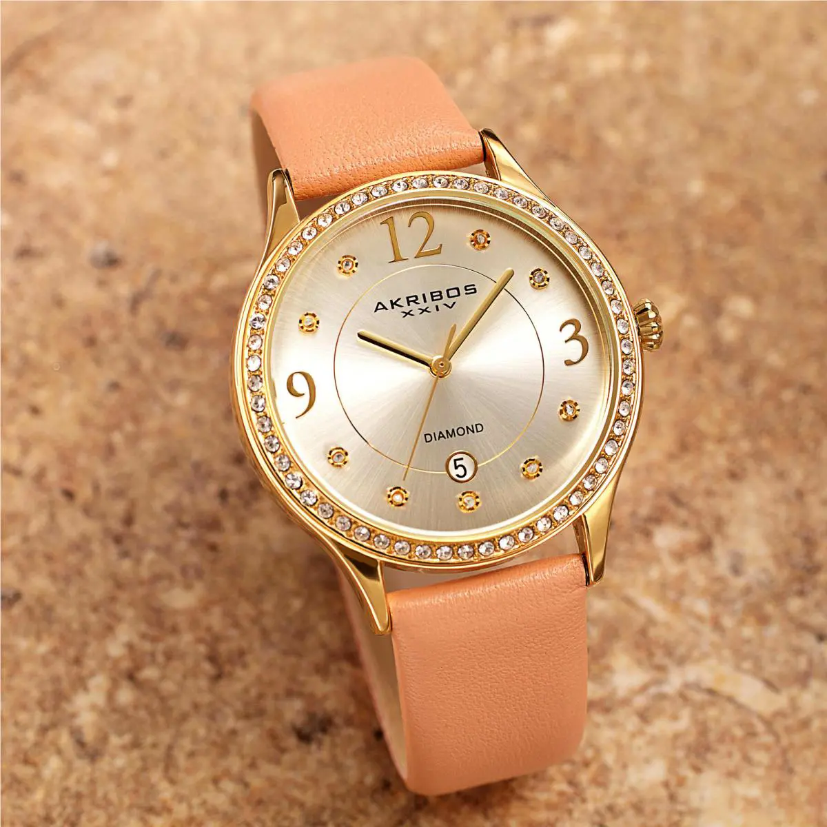 Akribos Xxiv Women`s AK1011PK Date Diamond Swarovski Gold Pink Leather Watch