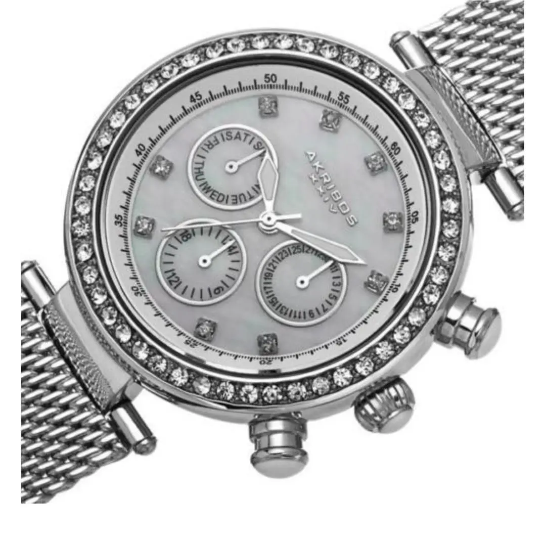 Akribos Xxiv AK682SS Day Date Dial Crystal Bezel Markers Watch F1003