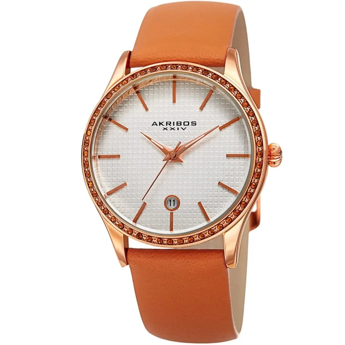 Akribos Xxiv AK964TN Rose Gold Round Case Tangerine Leather Strap Women`s Watch