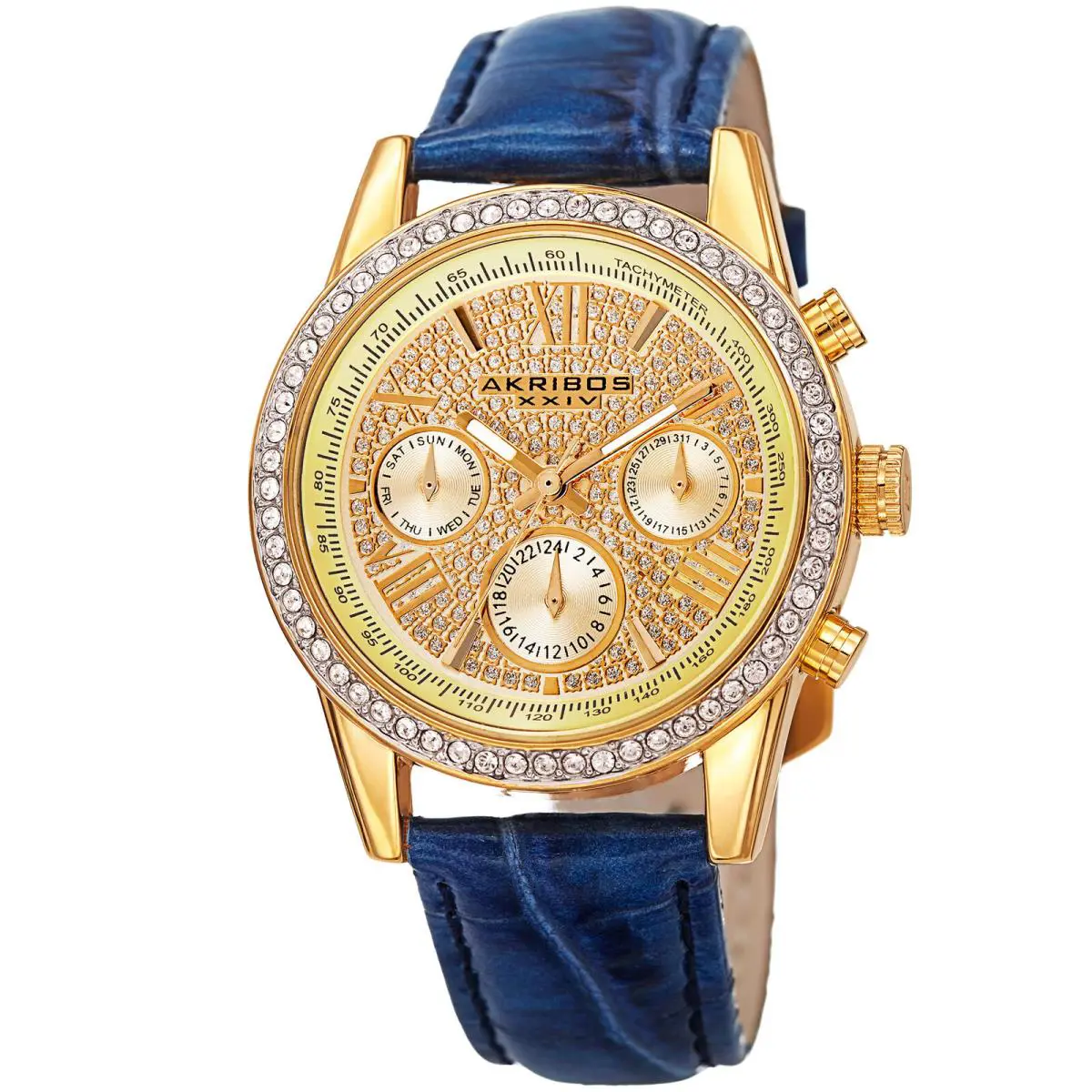 Women`s Akribos Xxiv AK871BU Gold-tone Multifunction Crystal Pave Strap Watch