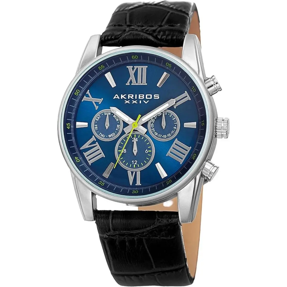 Akribos Xxiv AK911SSBU Quartz Gmt Blue Dial Black Leather Strap Men`s Watch