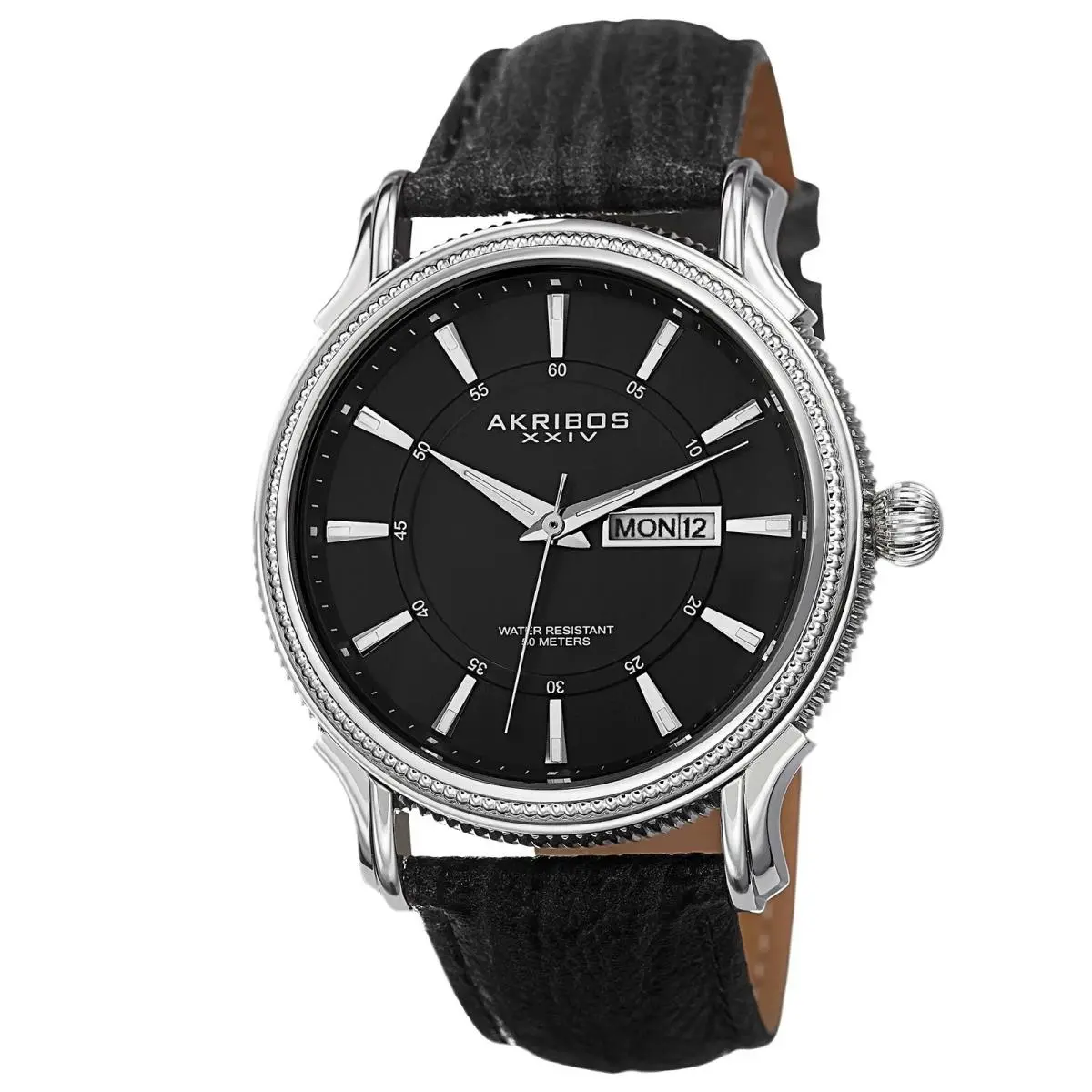 Men`s Akribos Xxiv AK726SSB Quartz Black Dial Silver Tone Leather Strap Watch