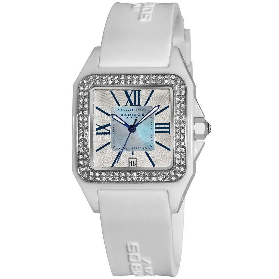Akribos Xxiv AK546WT Date Square Ceramic Case Crystal Bezel White Womens Watch