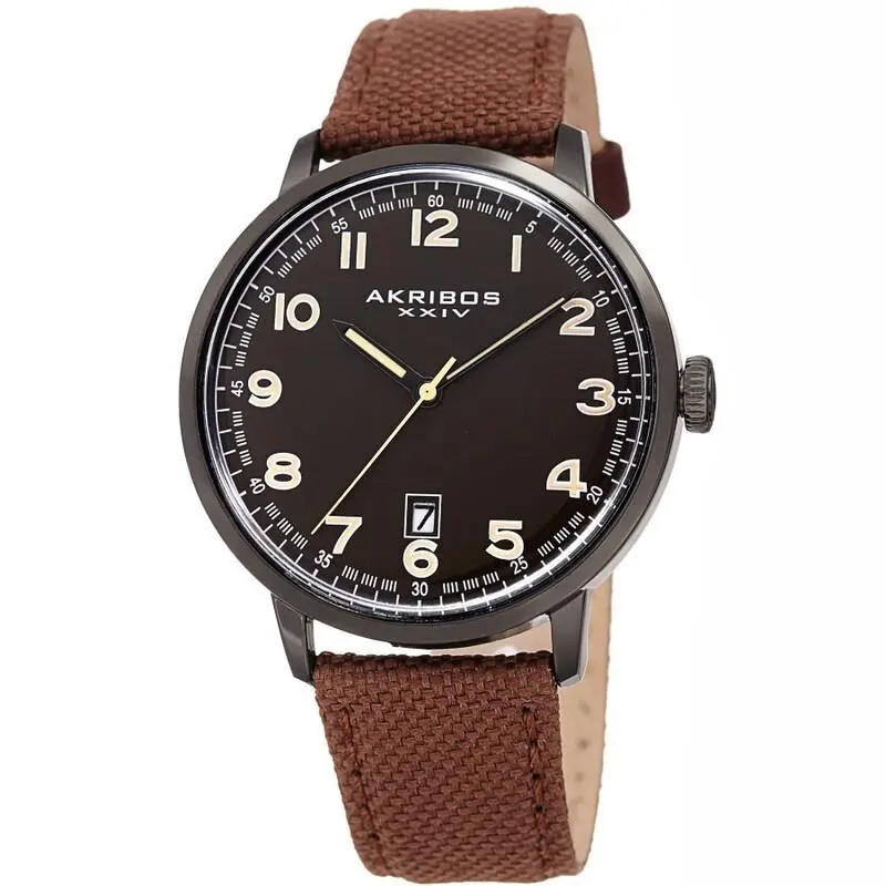 Men`s Akribos Xxiv AK1025BKBR Quatz Classic Brown Dial Canvas Leather Watch