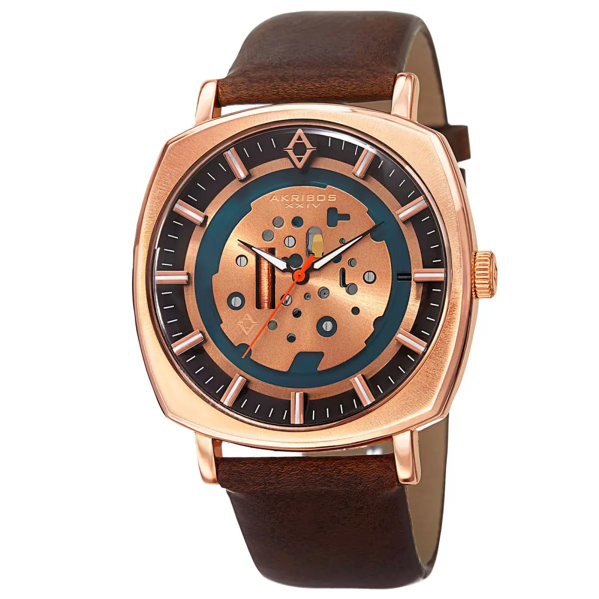 Men`s Akribos Xxiv AK826RGBR Unique Artificial Skeleton Brown Leather Watch