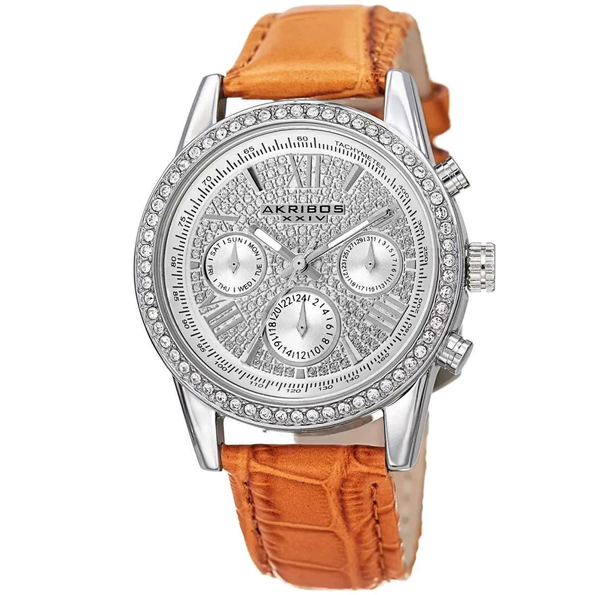 Women`s Akribos Xxiv AK871SSBR Silver-tone Multifunction Cognac Strap Watch