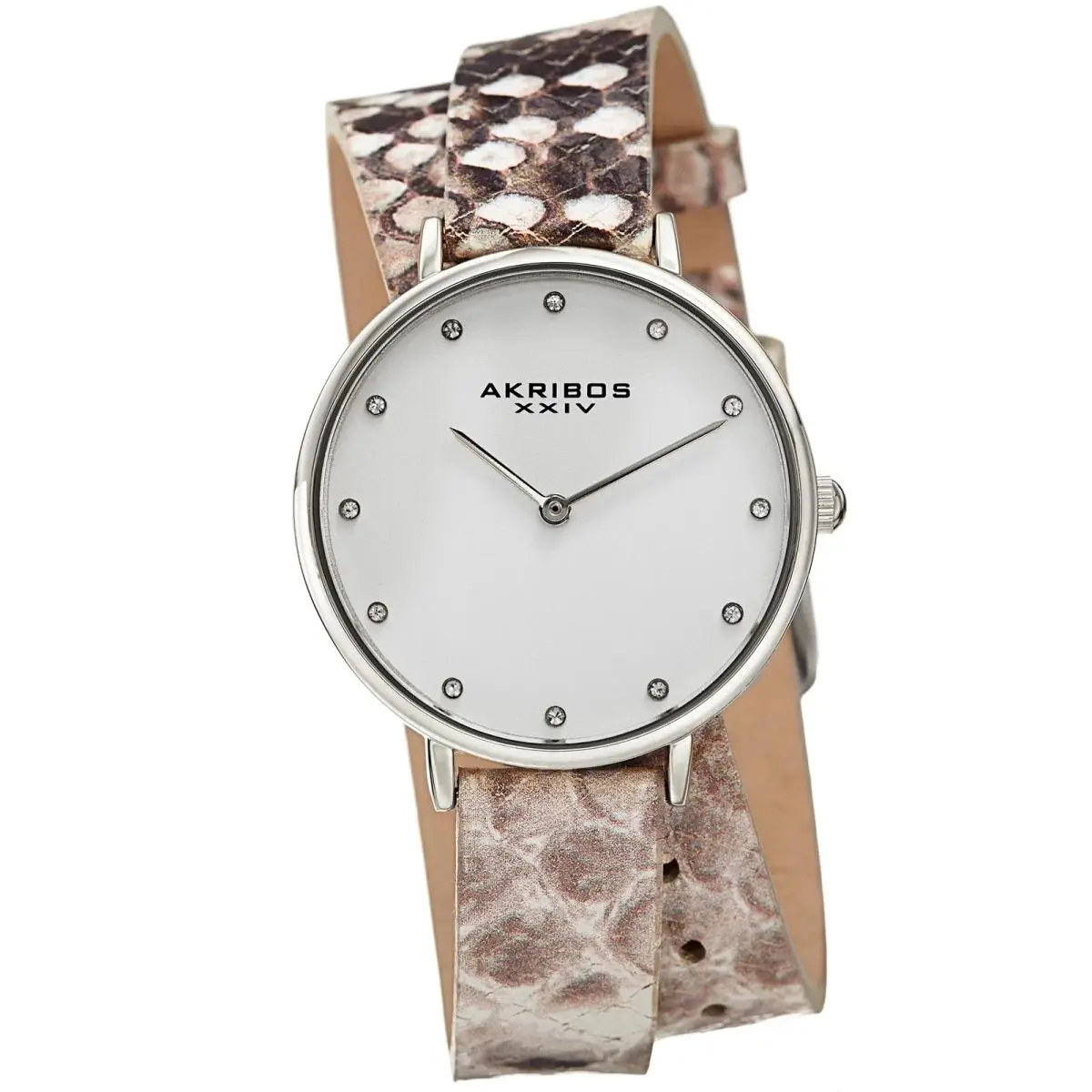 Akribos Xxiv AK923SSGY Women`s Swarovski Wraparound Beige Snakeskin Strap Watch