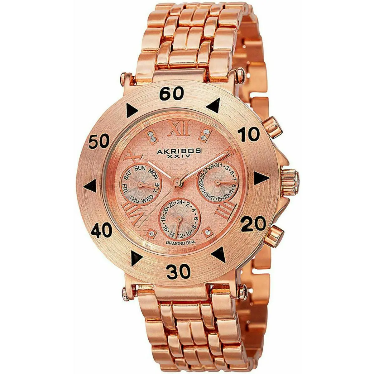 Akribos Xxiv Women`s Diamond 38mm Multi-function Rose Gold Watch AK686RG