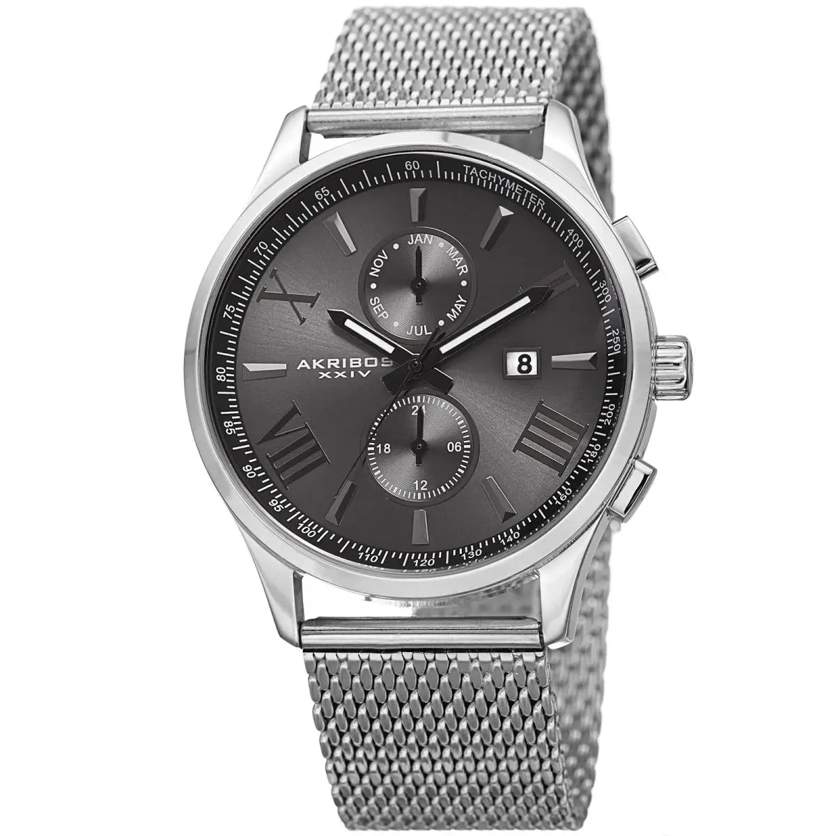 Men`s Akribos Xxiv AK905SSB Multi-function Black Dial Stainless Steel Mesh Watch