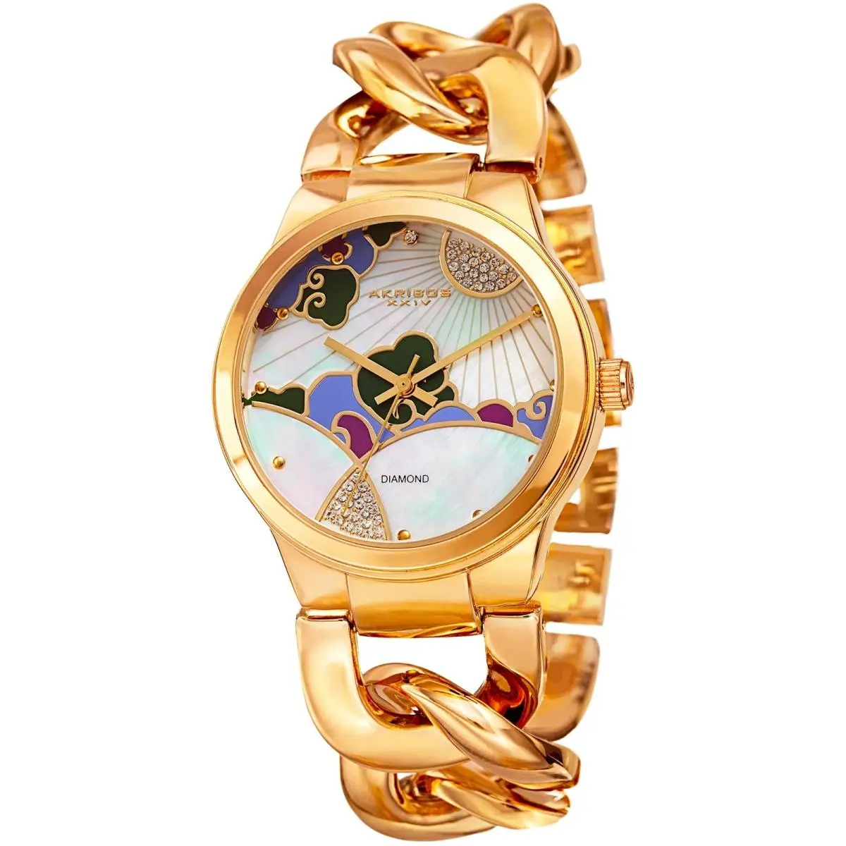 Akribos Xxiv AK931YG Mother of Pearl Landscape Dial Crystal Pave Women`s Watch