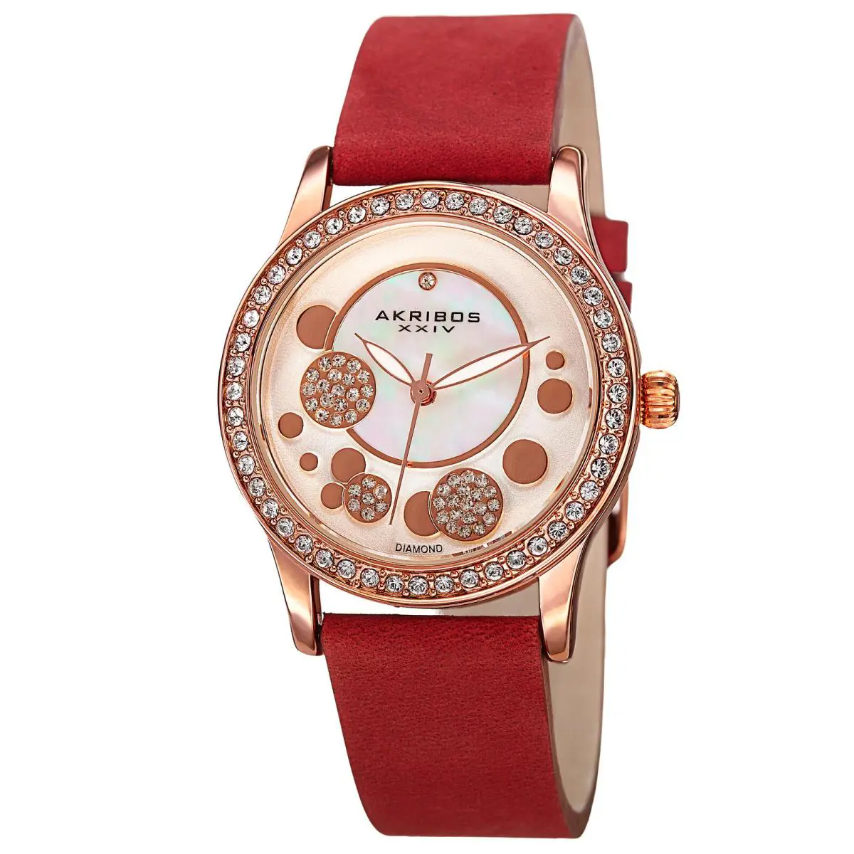 Women`s Akribos Xxiv AK843RD Crystal Bezel Diamond Dial Quartz Suede Strap Watch