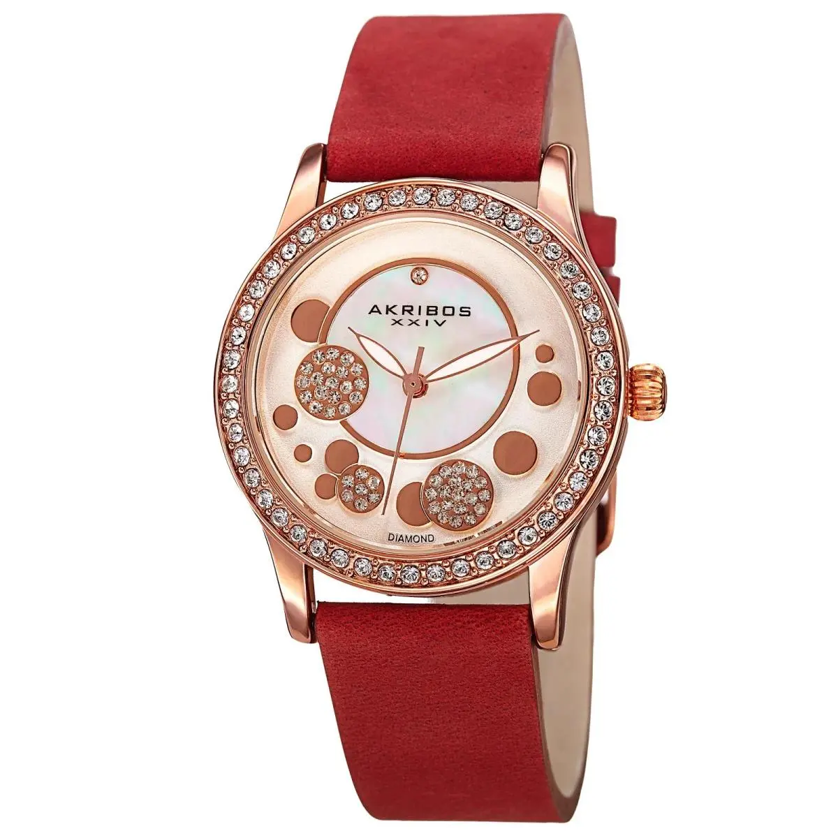 Women`s Akribos Xxiv AK843RD Quartz Crystal Bezel Diamond Dial Strap Watch