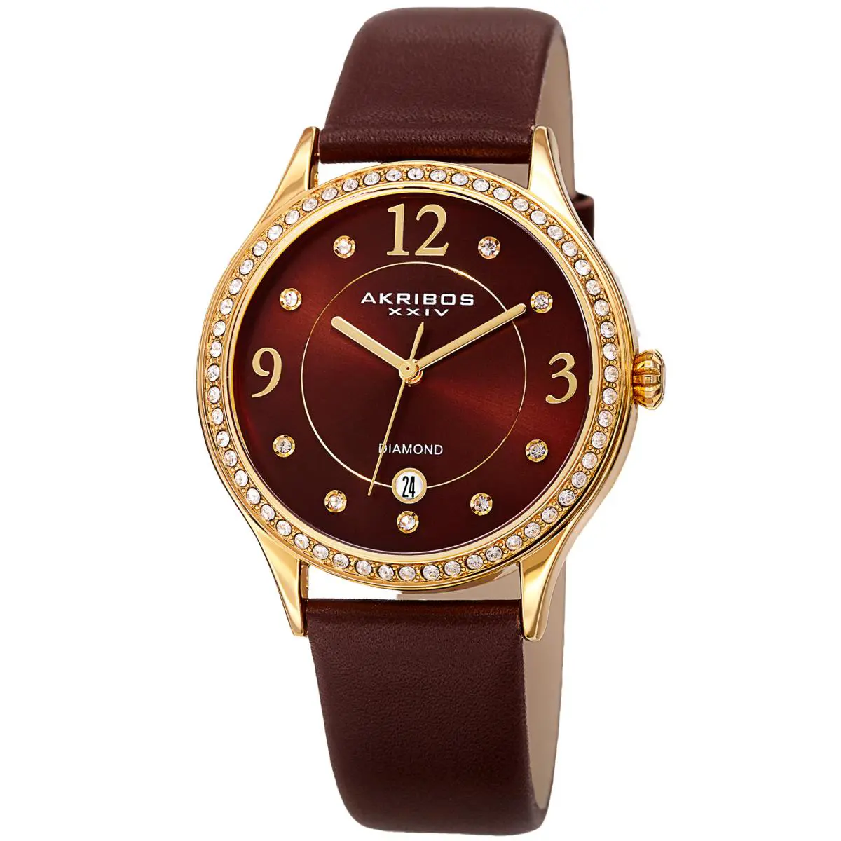 Akribos Xxiv Women`s AK1011BR Date Diamond Swarovski Gold Brown Leather Watch by Akribos XXIV