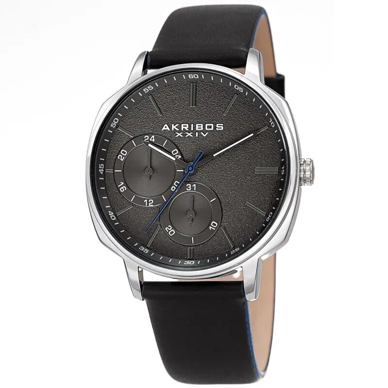 Men`s Akribos Xxiv AK1022SSBK Quatz Silver Tone Case Dial Blue Leather Watch