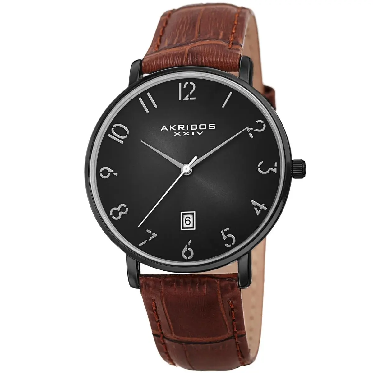 Men`s Akribos Xxiv AK1077BK Quartz Classic Grey Croco Strap Brown Leather Watch