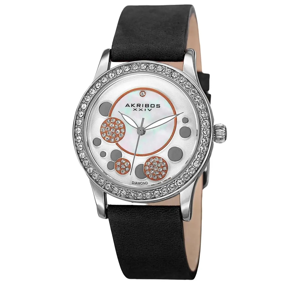 Women`s Akribos Xxiv AK843BK Quartz Crystal Nero Diamond Dial Suede Strap Watch