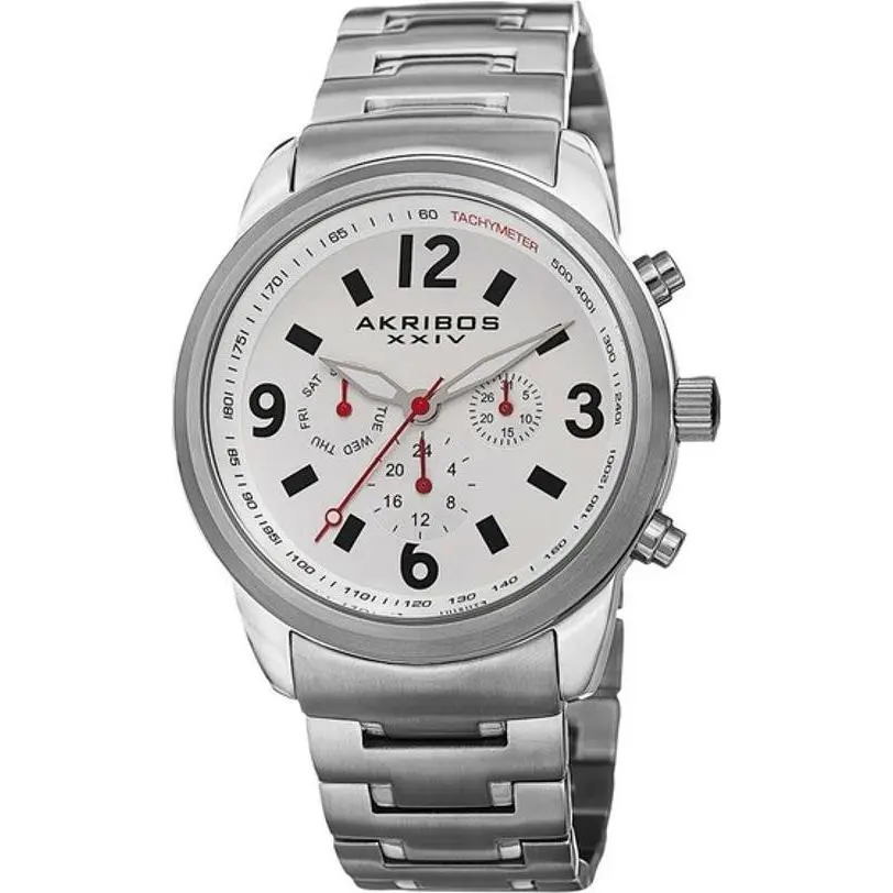 Akribos Xxiv AK783SSW Swiss Quartz Tachymeter Day Date Gmt Red Accent Mens Watch