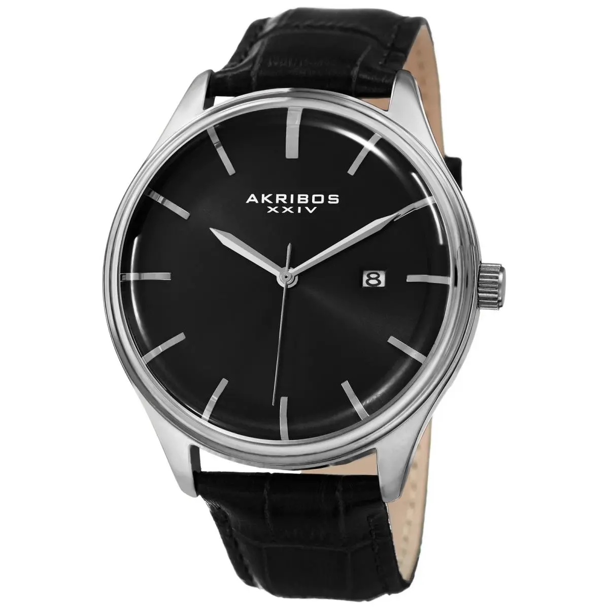 Akribos Xxiv AK914SSB Men`s Black Leather Embossed Crocodile Pattern Watch