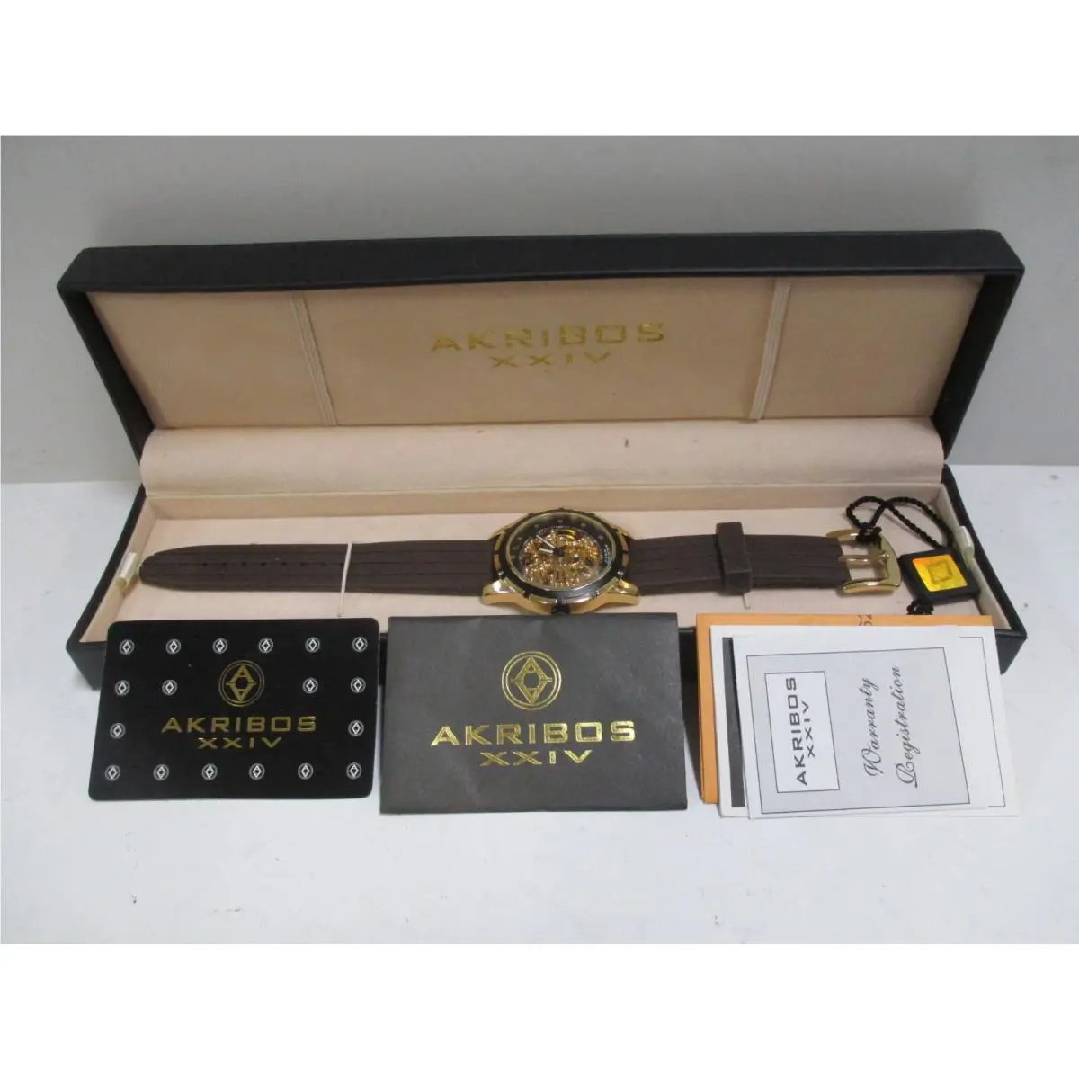 Akribos Xxiv Automatic Skeleton Watch Men Black Gold Tone Round 45mm