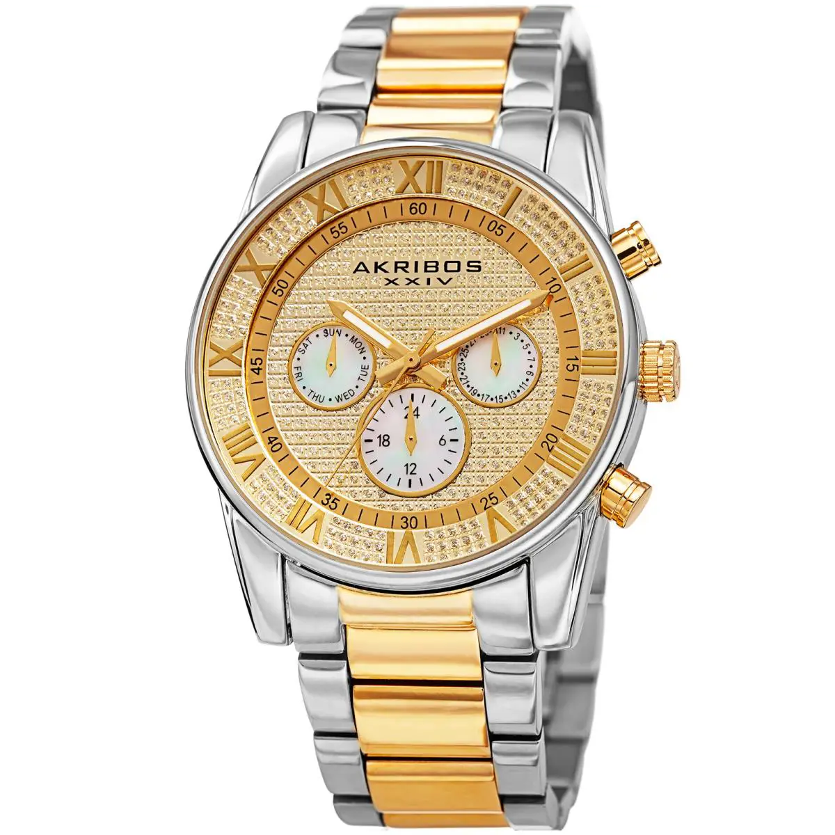Men`s Akribos Xxiv AK939TTG 24 Hour Indicator Crystal Pave Swiss Quartz Watch