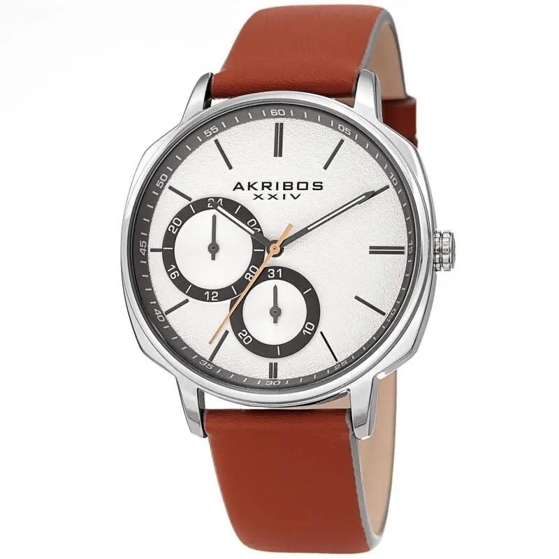 Men`s Akribos Xxiv AK1022TN Quatz Silver Dial Tone Case On Orange Strap Watch