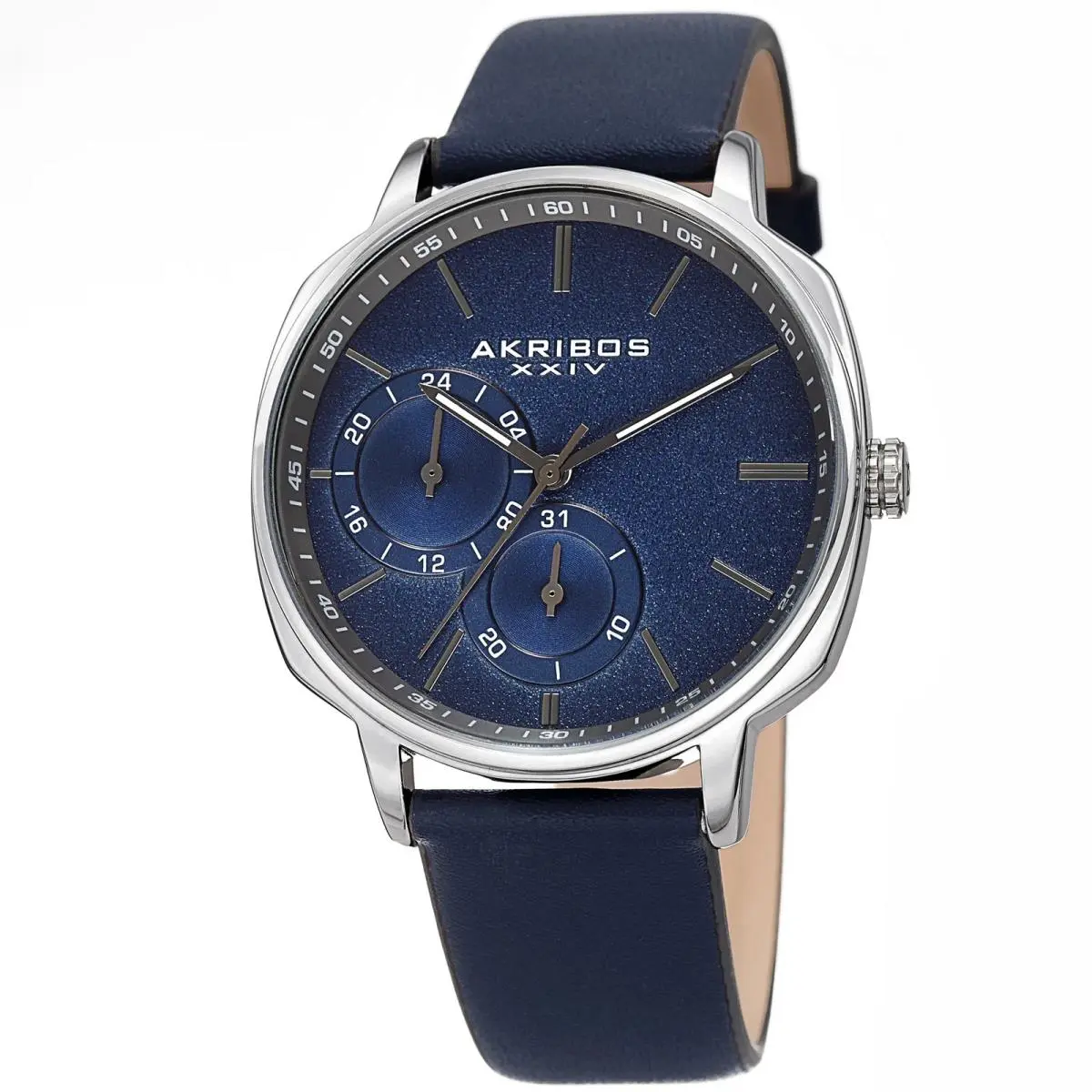 Men`s Akribos Xxiv AK1022BU Quatz Blue Dial Silver Tone Case Blue Leather Watch