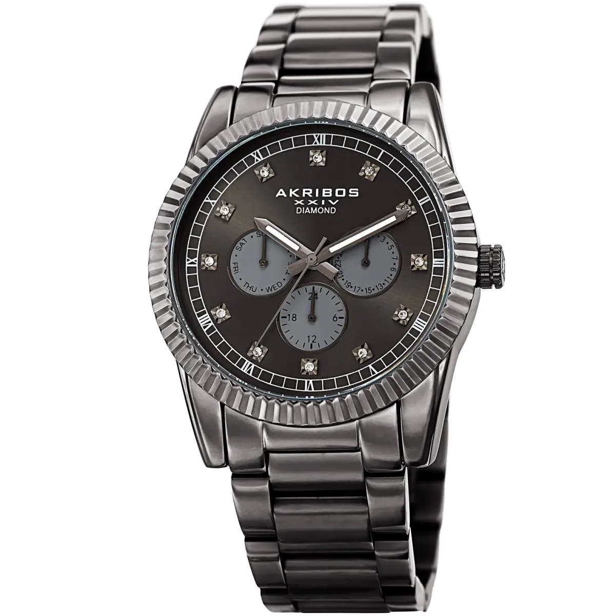 Men`s Akribos Xxiv AK958GN Gunmetal 12 Diamond Hour Marker Bracelet Watch