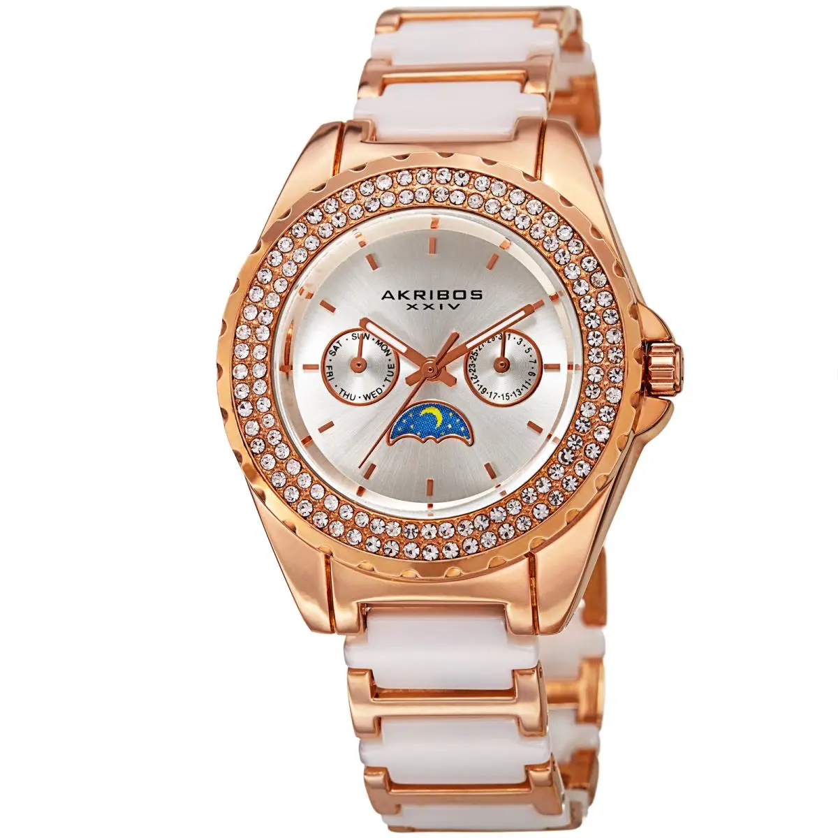 Women`s Akribos Xxiv AK961RGWT Multifunction Am/pm Crystal Bezel Bracelet Watch