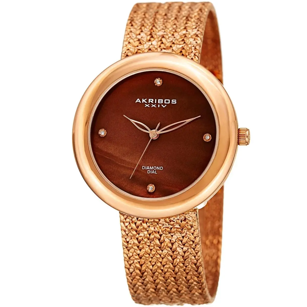 Women`s Akribos Xxiv AK903RGBR Diamond Rose Gold Nougat Textured Bracelet Watch