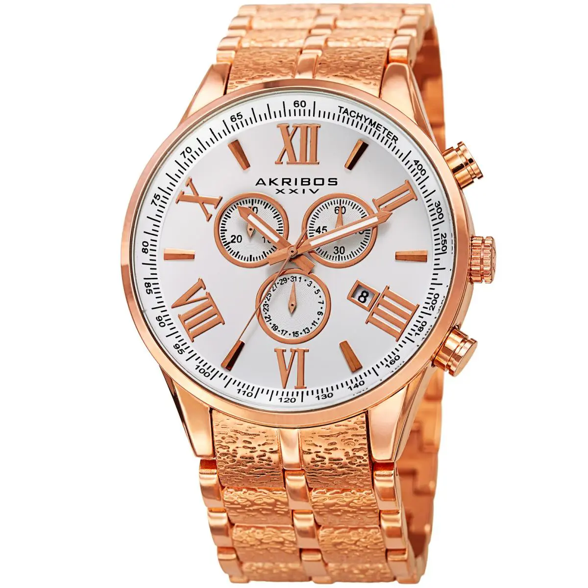 Men`s Akribos Xxiv AK960RG Chronograph Gold Nougat Textured Bracelet Swiss Watch