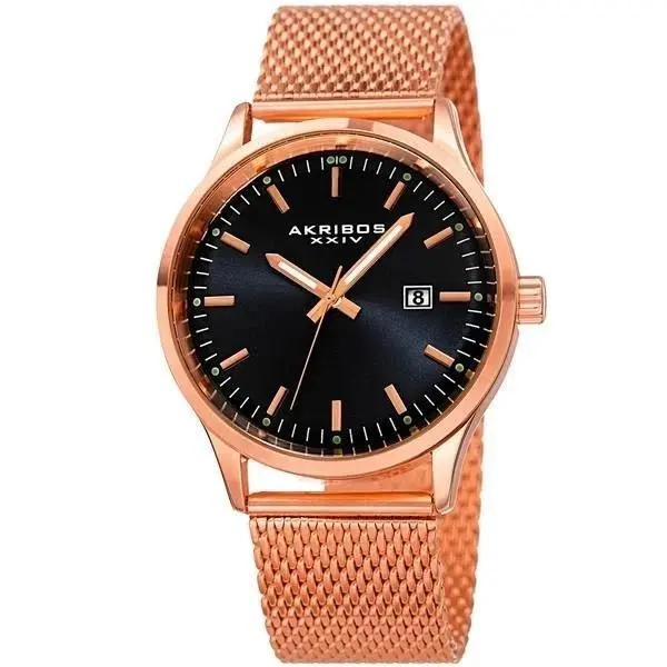 Akribos Xxiv AK901RGB Men`s Date Display Mesh Black Dial Rosetone Watch
