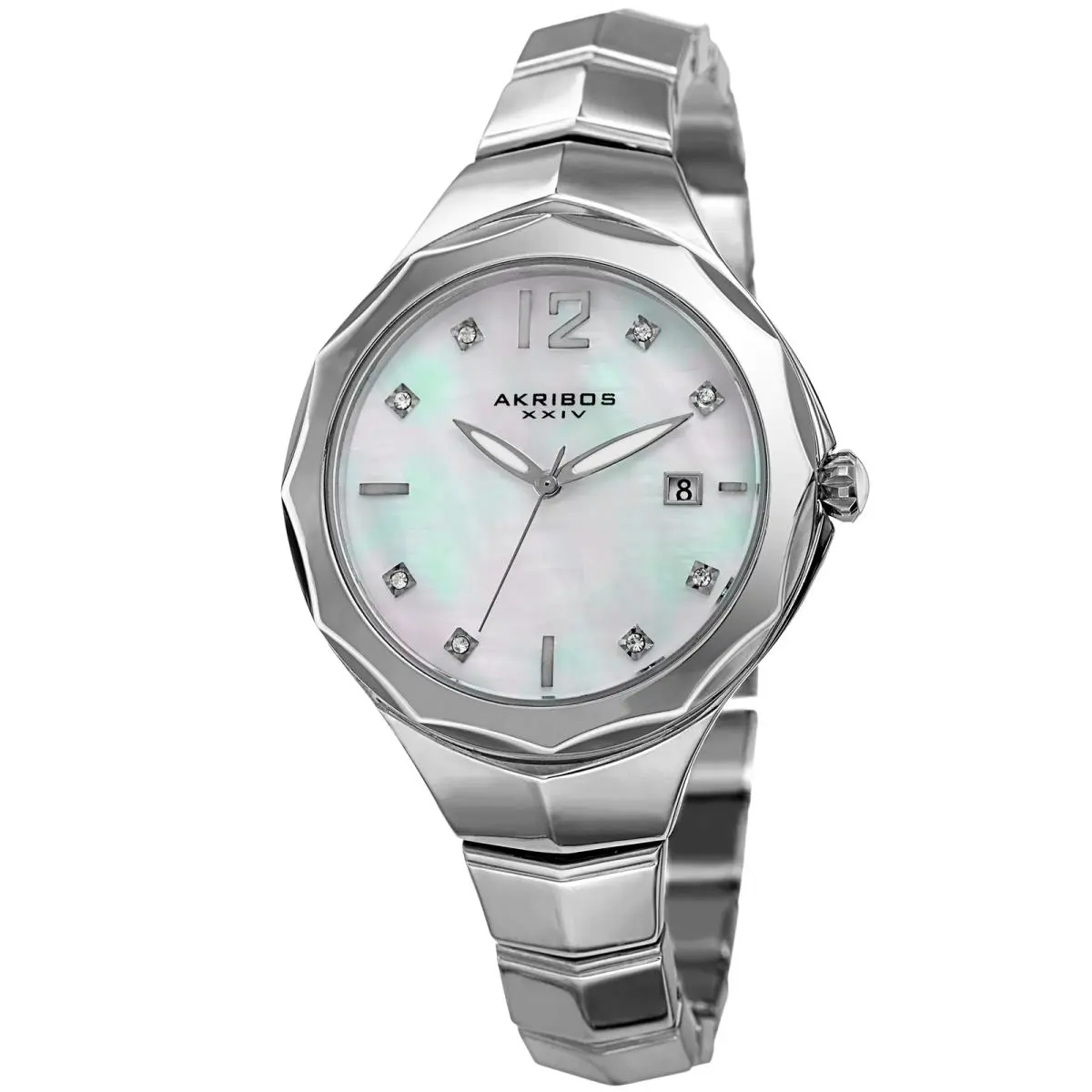 Women`s Akribos Xxiv AK932SS White Mother of Pearl Cabochon Crown Date Watch