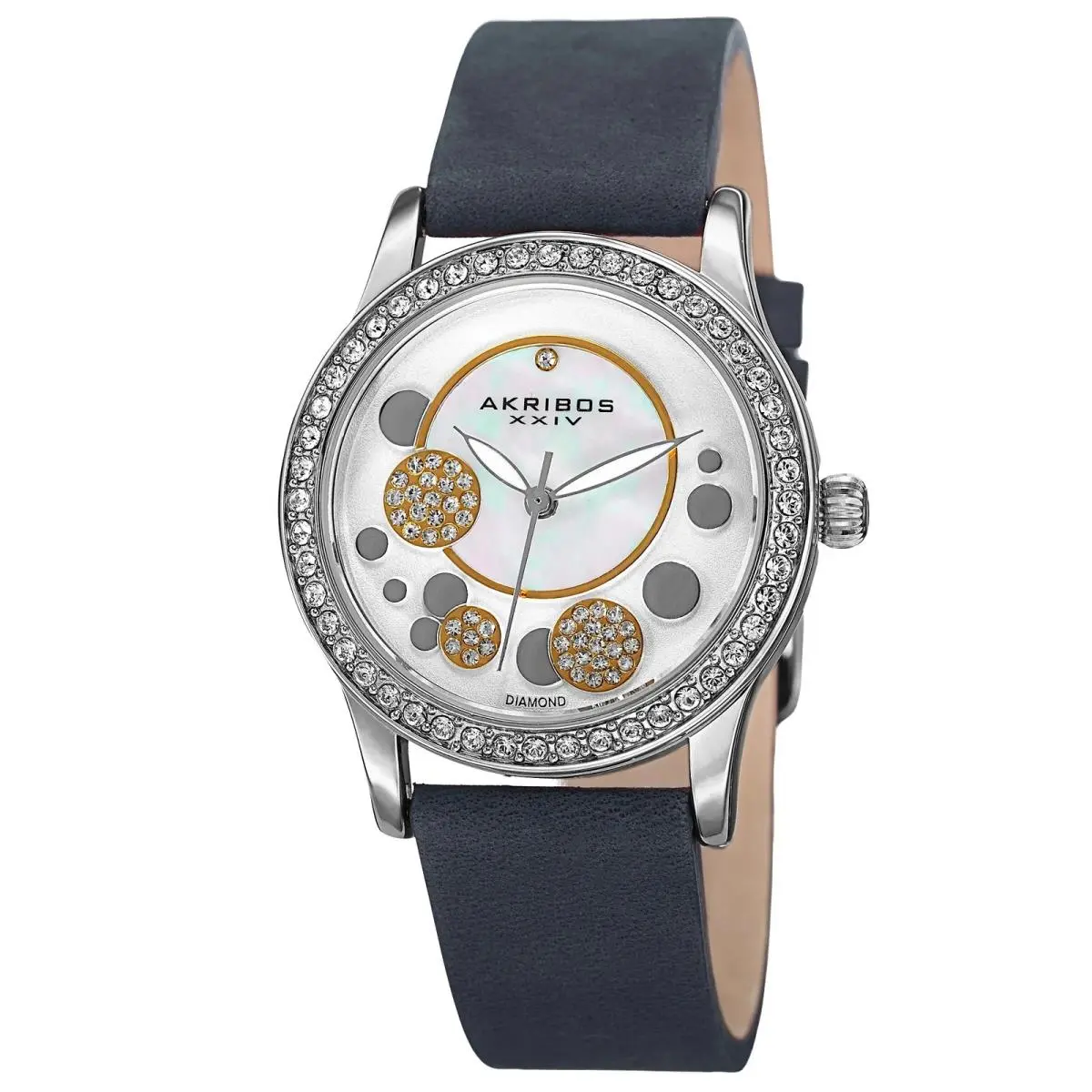 Women`s Akribos Xxiv AK843BU Quartz Crystal Bezel Diamond Silver Dial Watch
