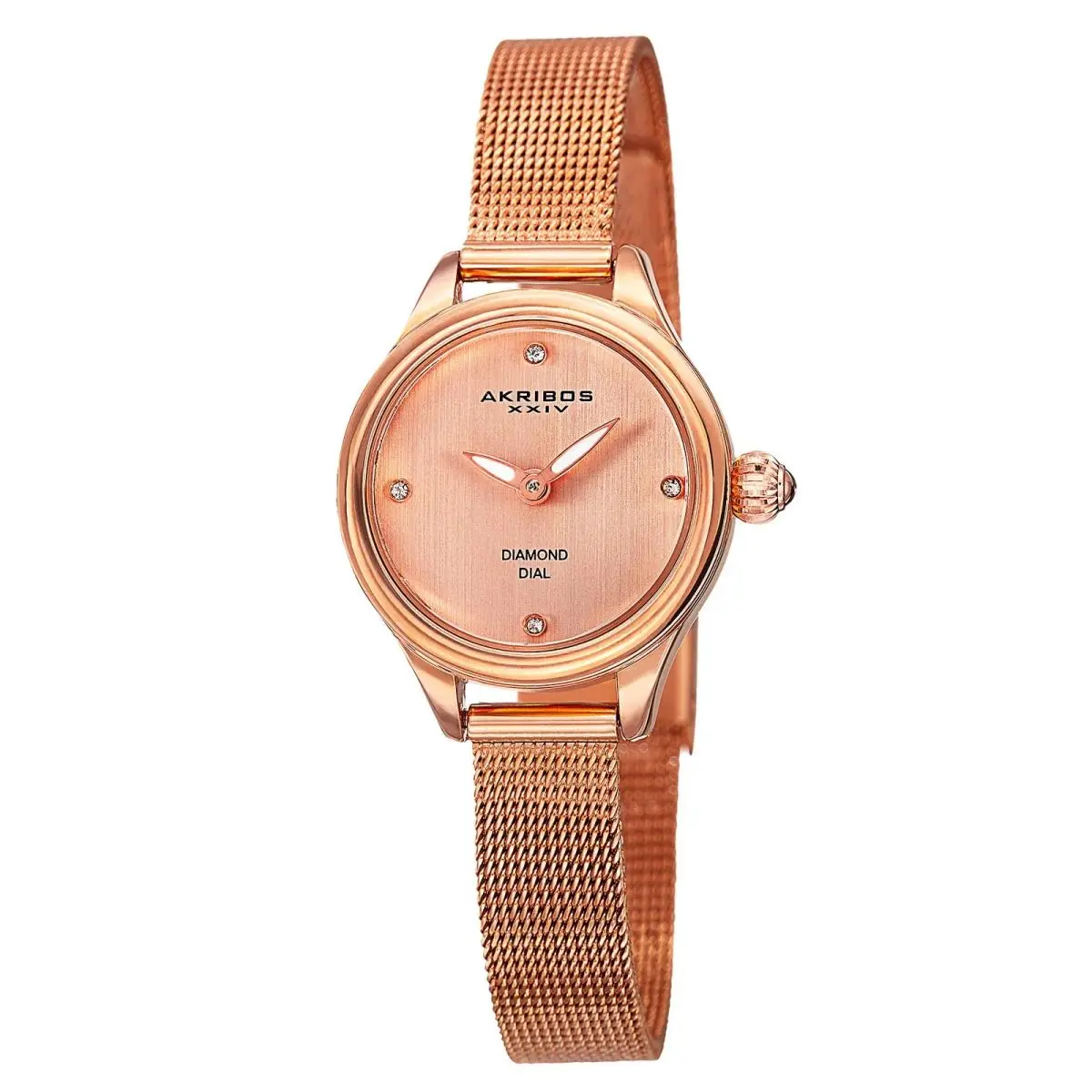 Women`s Akribos Xxiv AK873RG Diamond Indexes Rose-tone Dial Mesh Bracelet Watch