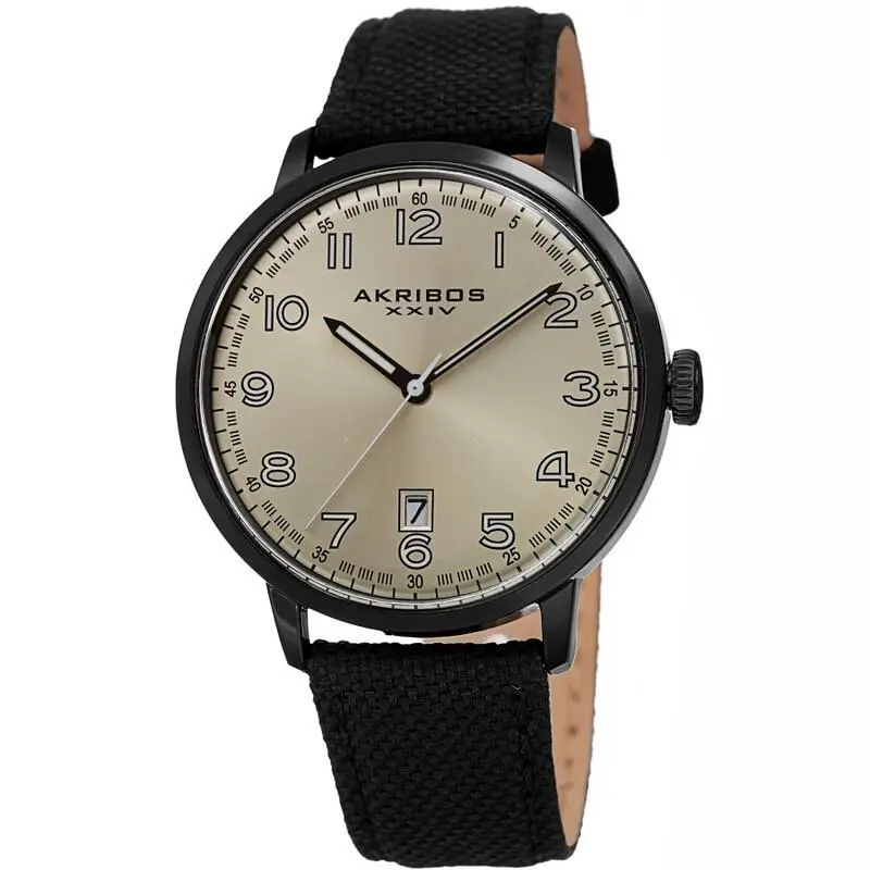 Men`s Akribos Xxiv AK1025BK Quartz Silver Dial Black Canvas Leather Strap Watch