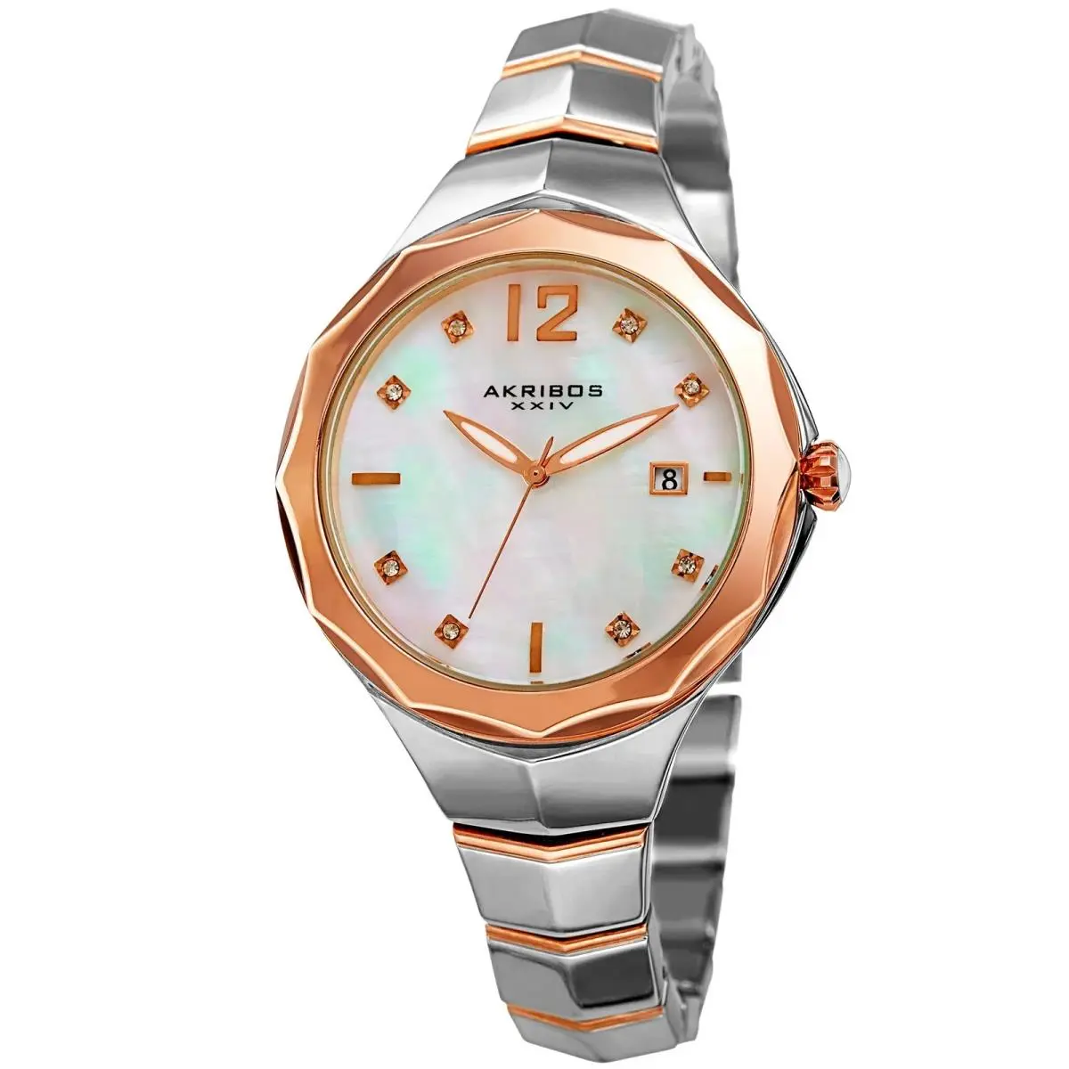 Women`s Akribos Xxiv AK932TTR White Mother of Pearl Cabochon Crown Date Watch