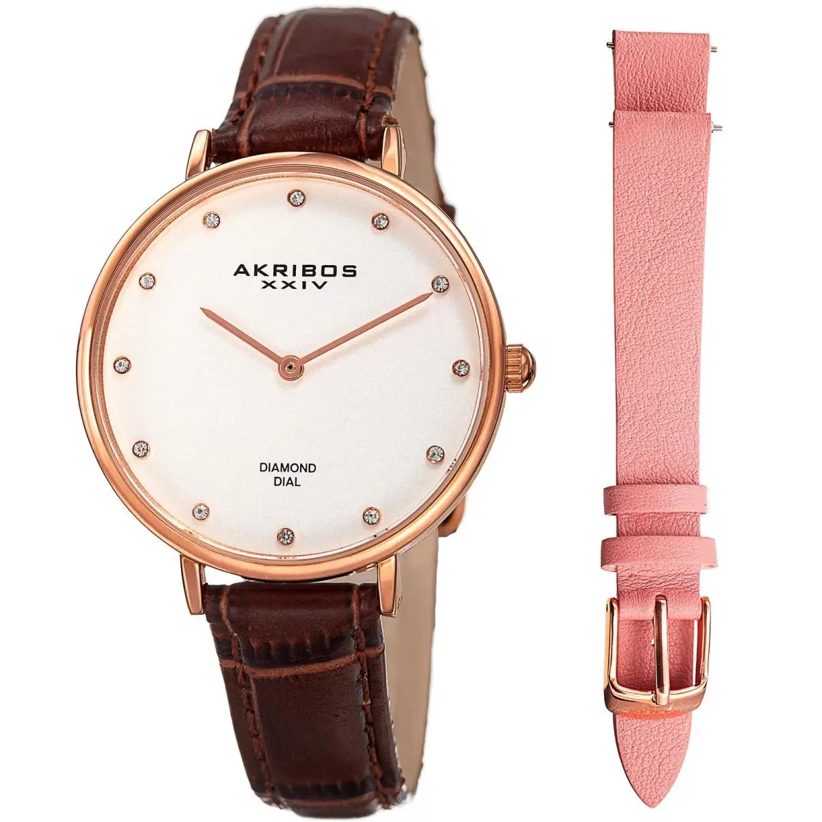 Women`s Akribos Xxiv AK933RG-BX Silver Dial Rose Gold Tone Leather Strap Watch