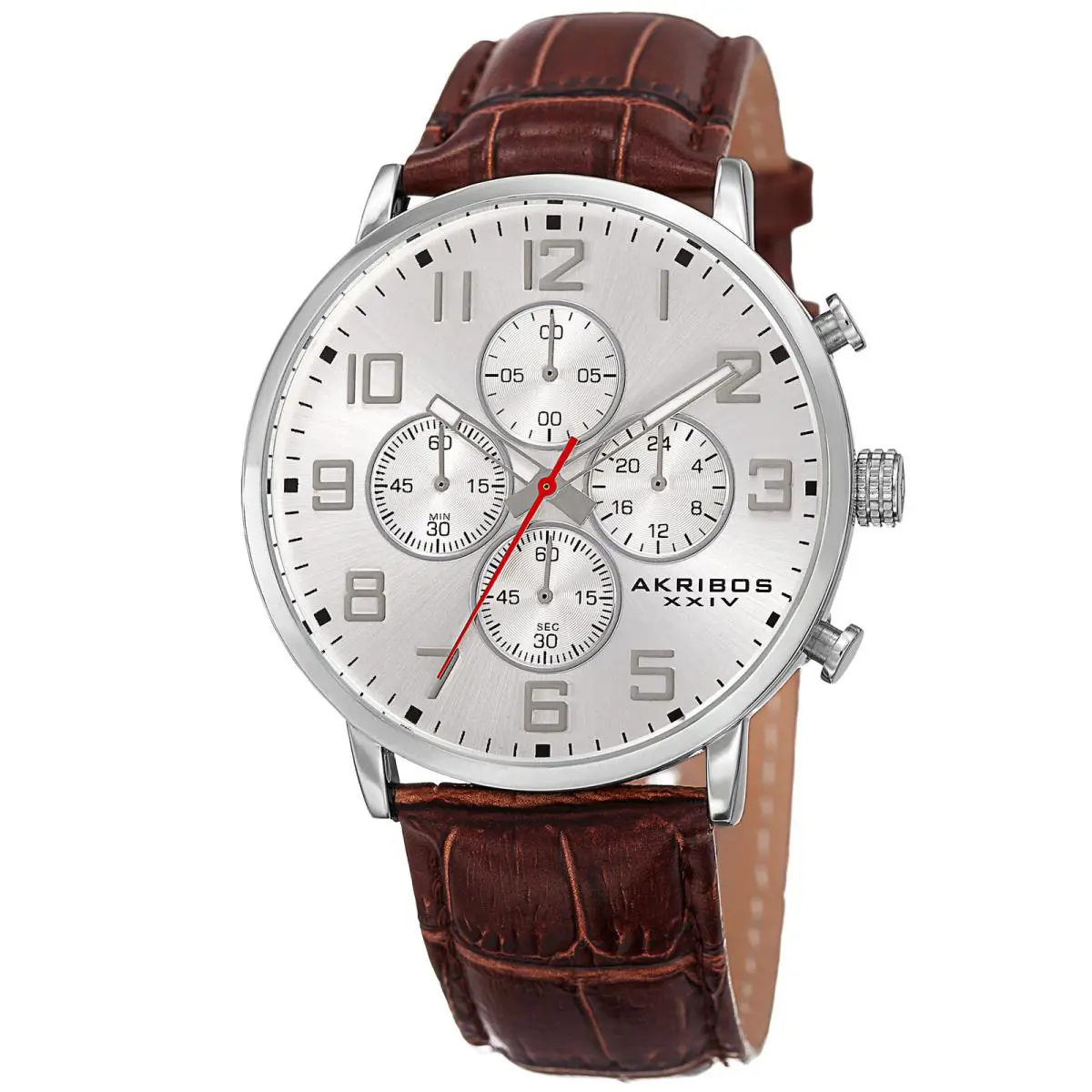 Men`s Akribos Xxiv AK854SSBR Silver-tone Chronograph Brown Leather Strap Watch