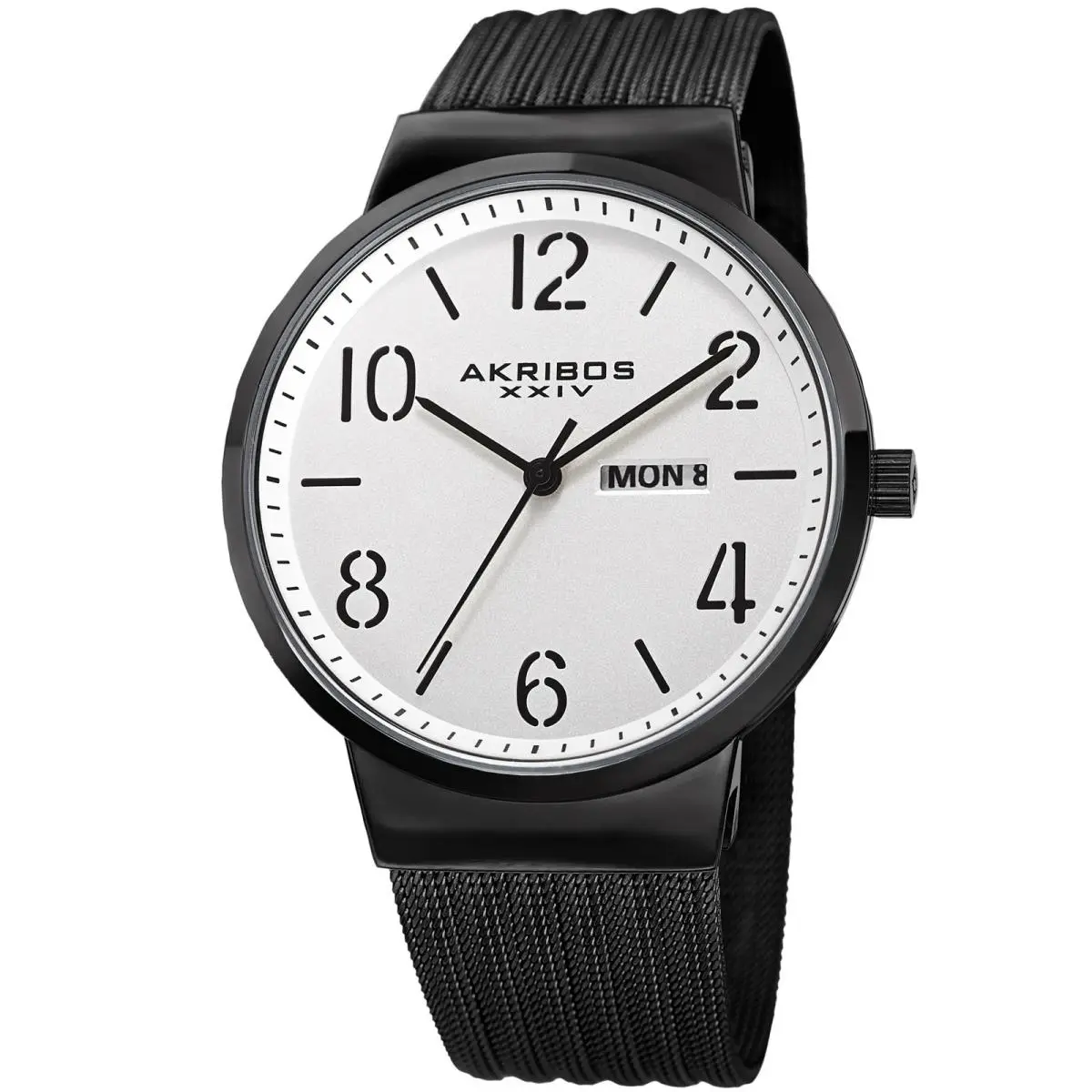 Akribos Xxiv AK996BK Date White Black Stainless Steel Mesh Strap Men`s Watch