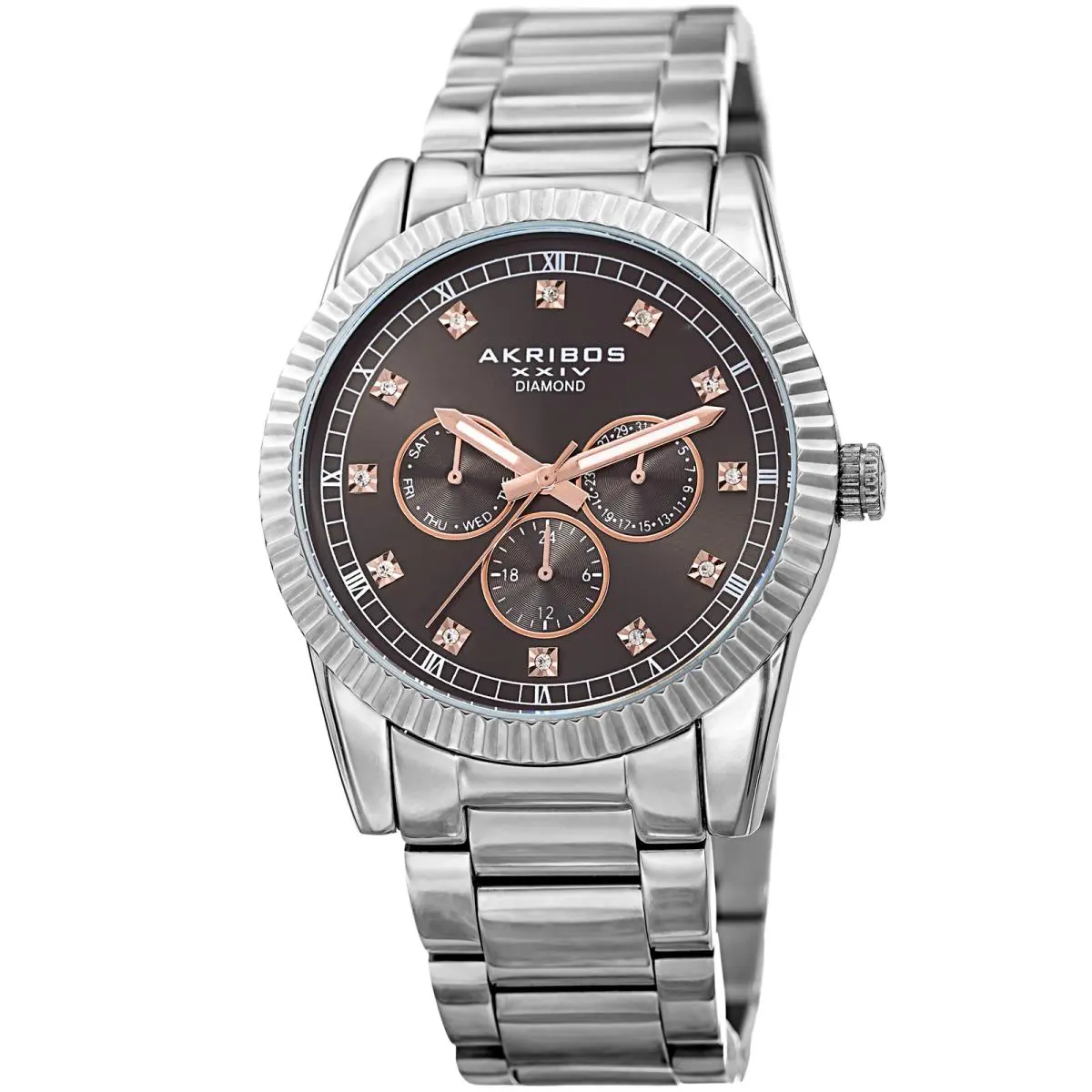 Men`s Akribos Xxiv AK958SSGY Silver 12 Diamond Hour Marker Link Bracelet Watch