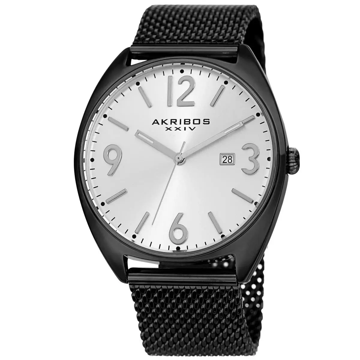 Men`s Akribos Xxiv AK1026BK Quartz Silver Dial Black Tone Mesh Bracelet Watch