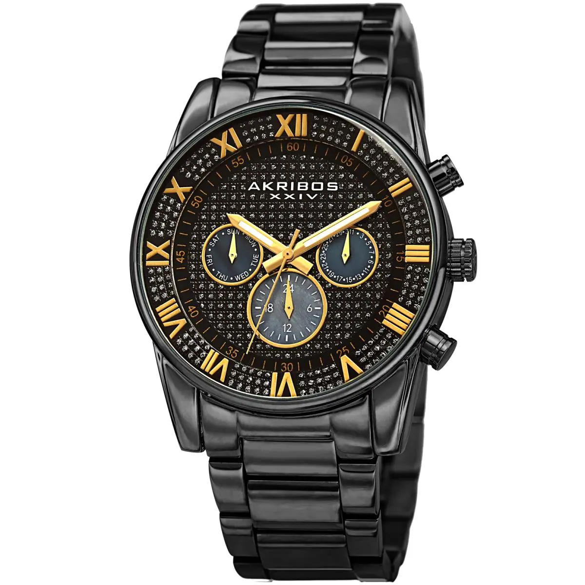 Men`s Akribos Xxiv AK939BK 24 Hour Indicator Crystal Pave Swiss Quartz Watch